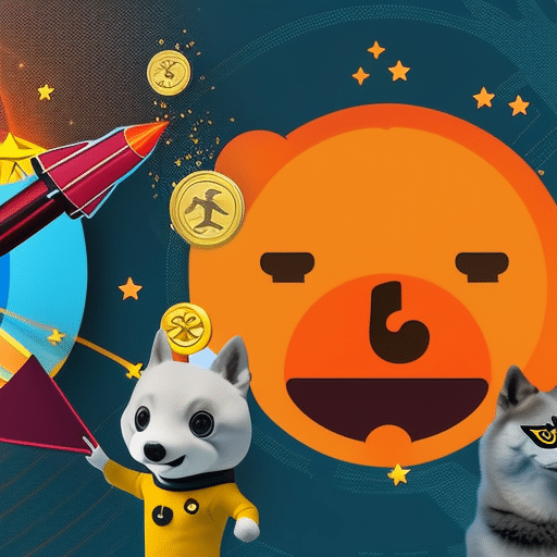 An image showcasing a vibrant digital landscape, with floating Doge and Shiba Inu coins spinning around a rocket-shaped graph chart