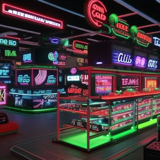 An image featuring a vibrant and bustling virtual marketplace, adorned with eye-catching neon signs, where various amusing and quirky symbols representing meme coins are being traded eagerly by a diverse group of people, radiating excitement and opportunity