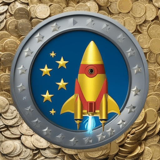 An image that depicts a rocket ship blasting off from a pile of cryptocurrency coins, symbolizing the potential skyrocketing value of meme coins