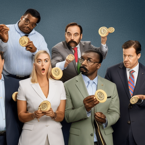 An image depicting a diverse group of government officials, holding magnifying glasses and examining a pile of meme coins