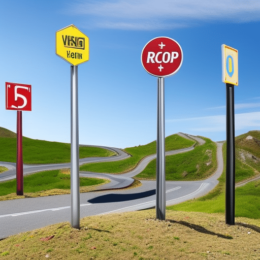 An image showcasing a winding road lined with colorful, playful signposts