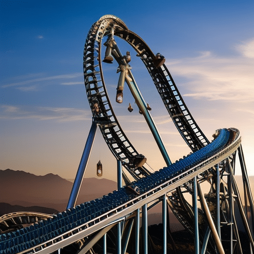 An image showcasing a roller coaster ascending sharply, representing the volatile journey of meme coin ROI