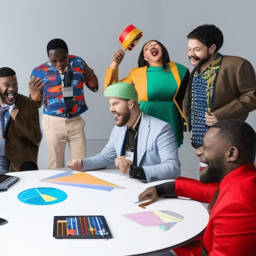 An image capturing the essence of a Meme Coin Team: an energetic group of diverse individuals wearing quirky attire, gathered around a table covered with meme-themed props, brainstorming and laughing, as their laptops display charts and graphs