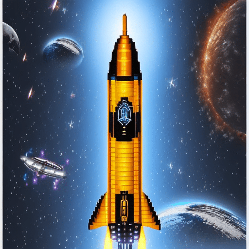 An image showcasing a vibrant, pixelated rocket ship soaring through a digital galaxy, adorned with popular memetic symbols