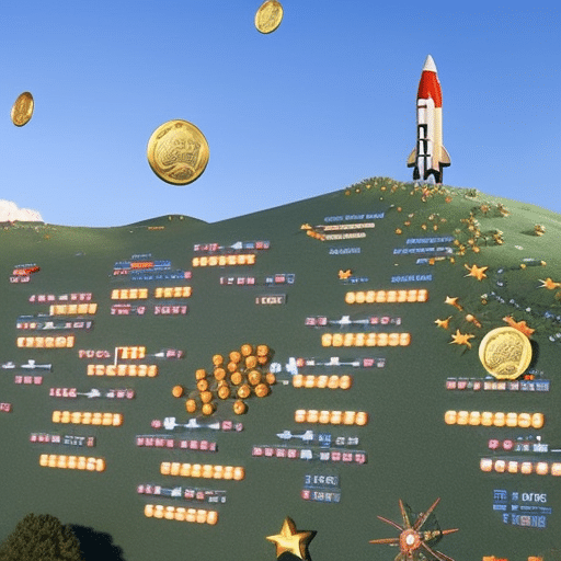 An image showcasing a vibrant digital landscape with rocket-shaped memes soaring through the sky, accompanied by charts and graphs, reflecting the explosive popularity and volatile nature of meme coins