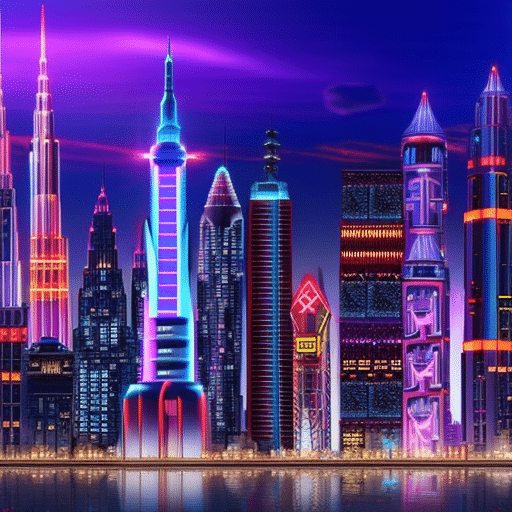 An image showcasing a vibrant, futuristic cityscape adorned with towering skyscrapers, each representing a popular meme coin