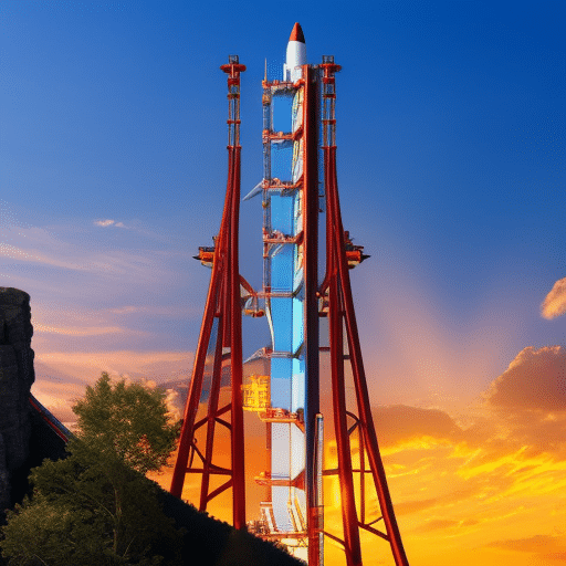 An image showcasing a roller coaster with a rocket-like design, soaring high into the sky amidst a backdrop of vibrant colors