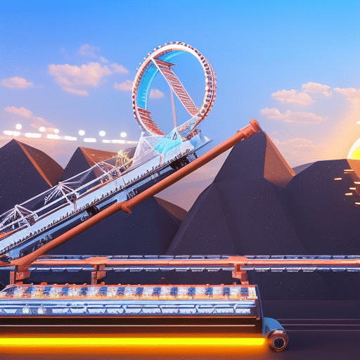 An image depicting a roller coaster ride with a rocket-shaped cart, soaring through a sky filled with crypto symbols while the track mimics the fluctuating line graph of meme coin prices