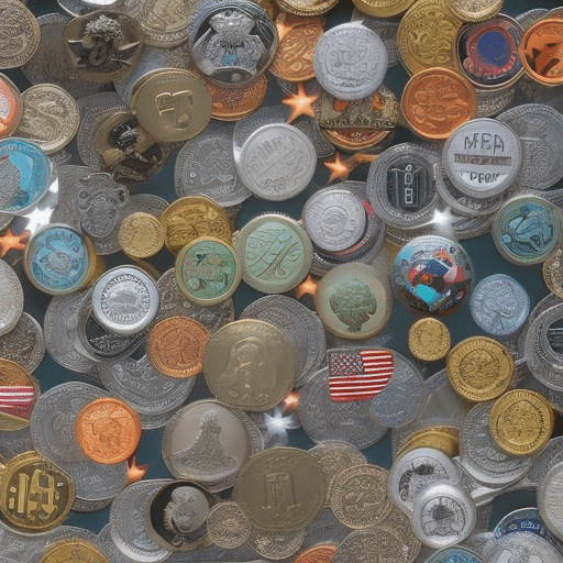 An image showcasing a colorful collage of various meme coins, each adorned with distinctive animal or character motifs, against a backdrop of a rocket ship soaring through a vibrant digital landscape