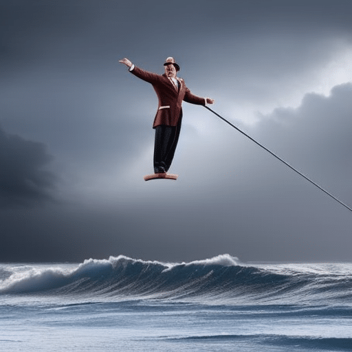 An image showcasing a tightrope walker balancing between "Meme Coin" and "Risk", surrounded by a stormy sea of volatile market charts