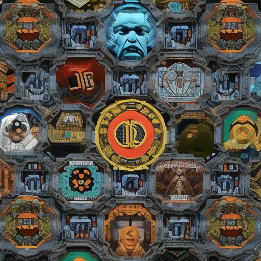 An image with a vibrant background featuring a collage of popular internet memes surrounding a central motif of a crypto coin