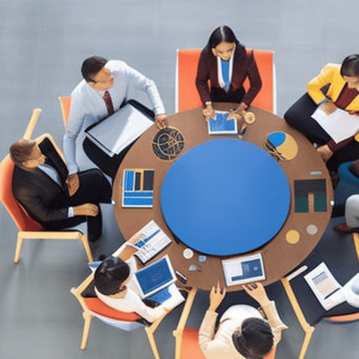 An image depicting a group of diverse individuals sitting around a circular table, engaged in a lively discussion, with charts, graphs, and decision-making tools present, representing the essential elements of ICO governance