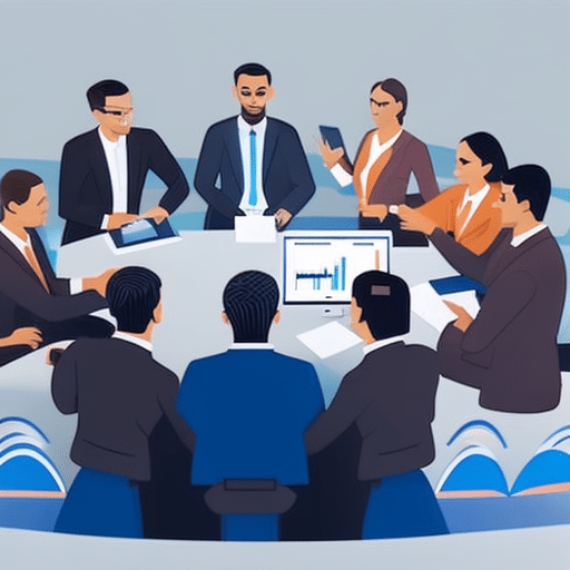 An image showcasing a diverse group of individuals engaged in a lively discussion about ICO investments