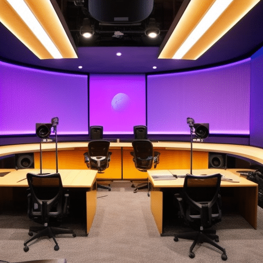 An image showcasing a vibrant podcast studio illuminated by soft, warm lighting