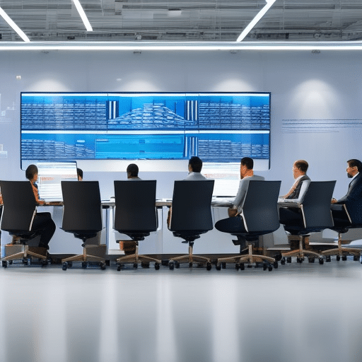 An image showcasing a diverse group of professionals engaged in a roundtable discussion, surrounded by monitors displaying charts, graphs, and legal documents related to ICO regulations