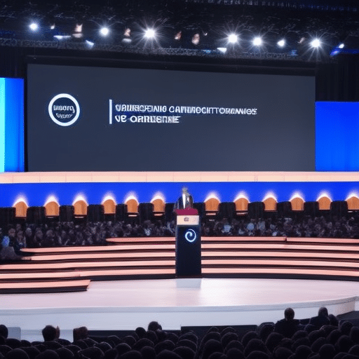 An image showcasing a diverse group of confident and knowledgeable individuals standing on a stage, passionately delivering captivating speeches during an ICO conference