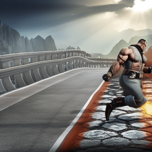 An image showcasing Meme Kombat's journey to success, depicting a winding road with various obstacles and opportunities along the way