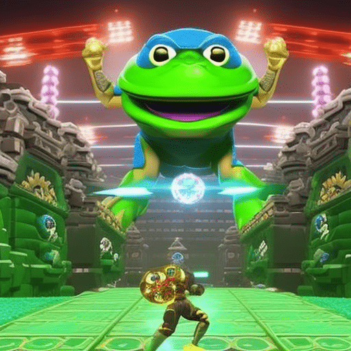 An image showcasing Meme Kombat's futuristic landscape teeming with augmented reality memes battling against Pepe Coin's crypto-powered realm, symbolized by a majestic frog throne surrounded by blockchain technology