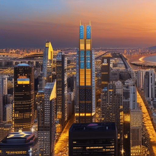 An image showcasing a vibrant and futuristic cityscape bathed in a golden sunset, with skyscrapers adorned with memecoin logos towering above, symbolizing the immense growth potential of memecoins in 2023