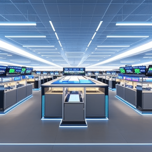 An image showcasing a bustling stock market floor, filled with traders frantically gesturing and monitoring screens displaying various memecoin symbols