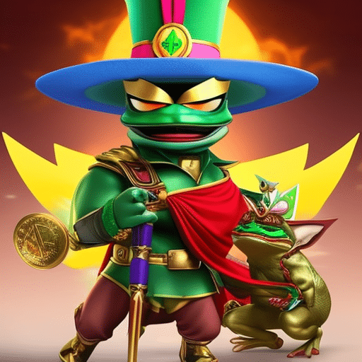 An image showcasing a fierce battle between two iconic symbols: Meme Kombat's powerful warrior wielding internet memes and Pepe Coin's mischievous frog magician with a bag of crypto tricks, symbolizing the clash of partnerships and collaborations in the digital realm