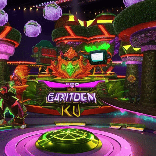 An image depicting the metamorphosis of a vibrant, flourishing meme garden into a futuristic, blockchain-powered arena, showcasing the profound impact of Pepe Coin on Meme Kombat's evolution
