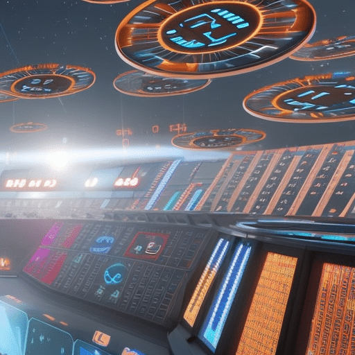 An image showcasing a vibrant digital marketplace, with a multitude of futuristic tokens floating in the air